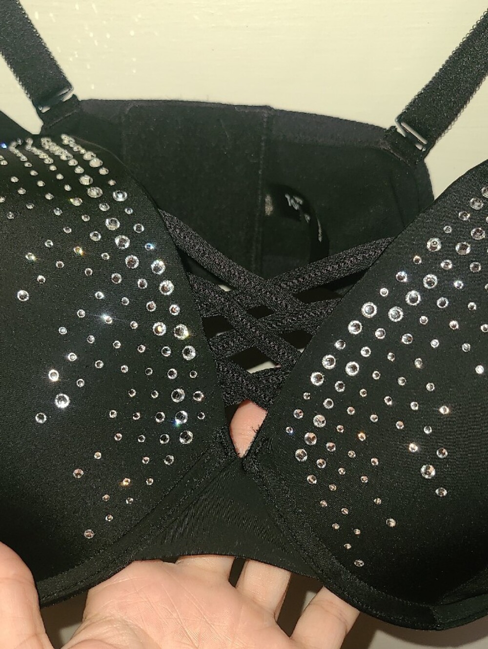 Crystal-Embellished Black Push-Up Bra with Lace-Up Detail - Picture 4 of 6